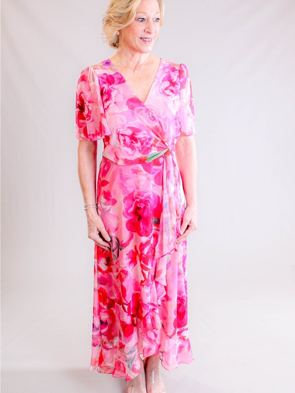 Maggy London Pink Floral Wrap Maxi Dress